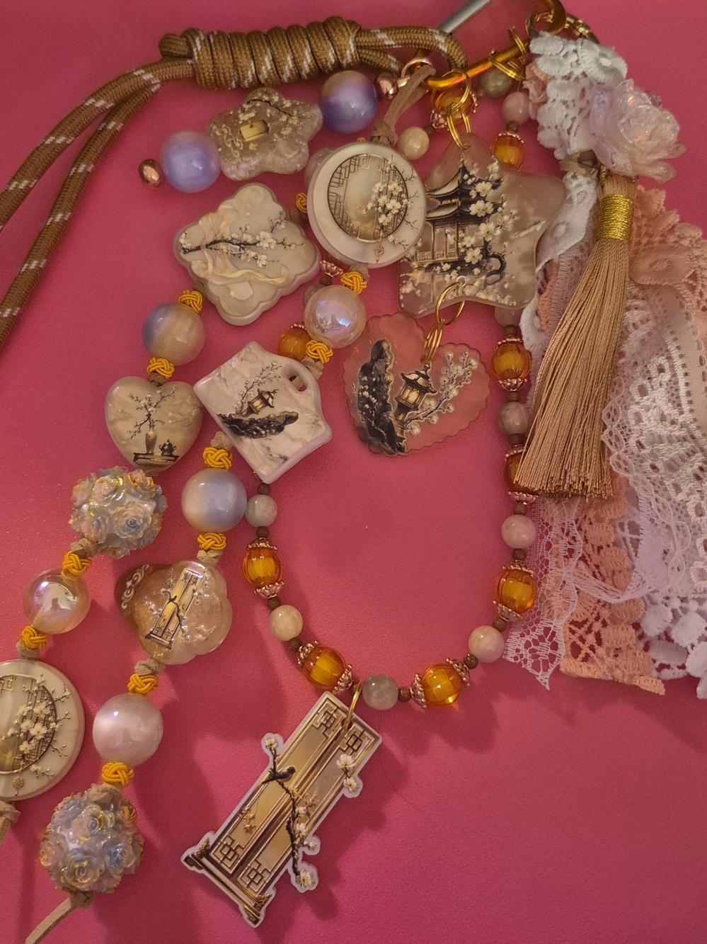 Beaded Tassel Key & Card Holder in Pink and Gold